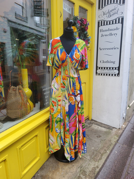 Colourful Fruit Empire Bust Hanky Hem Dress