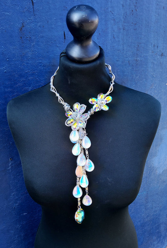 Asymmetric Handmade Iridescent Cascading Tear Drops Neck Piece With Aurora Borealis Glass Crystal