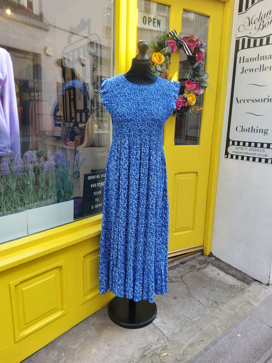 Floral Shirred Top Summer Dress in Blue