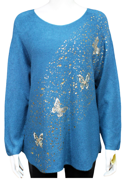 Teal Gold Foil Butterfly Jumper
