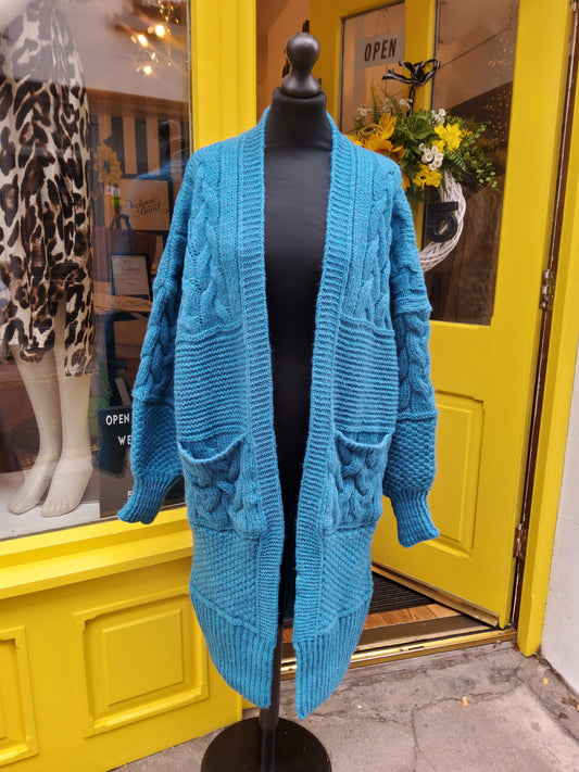 Alex Balloon Sleeve Cable Maxi Cardigan - Teal