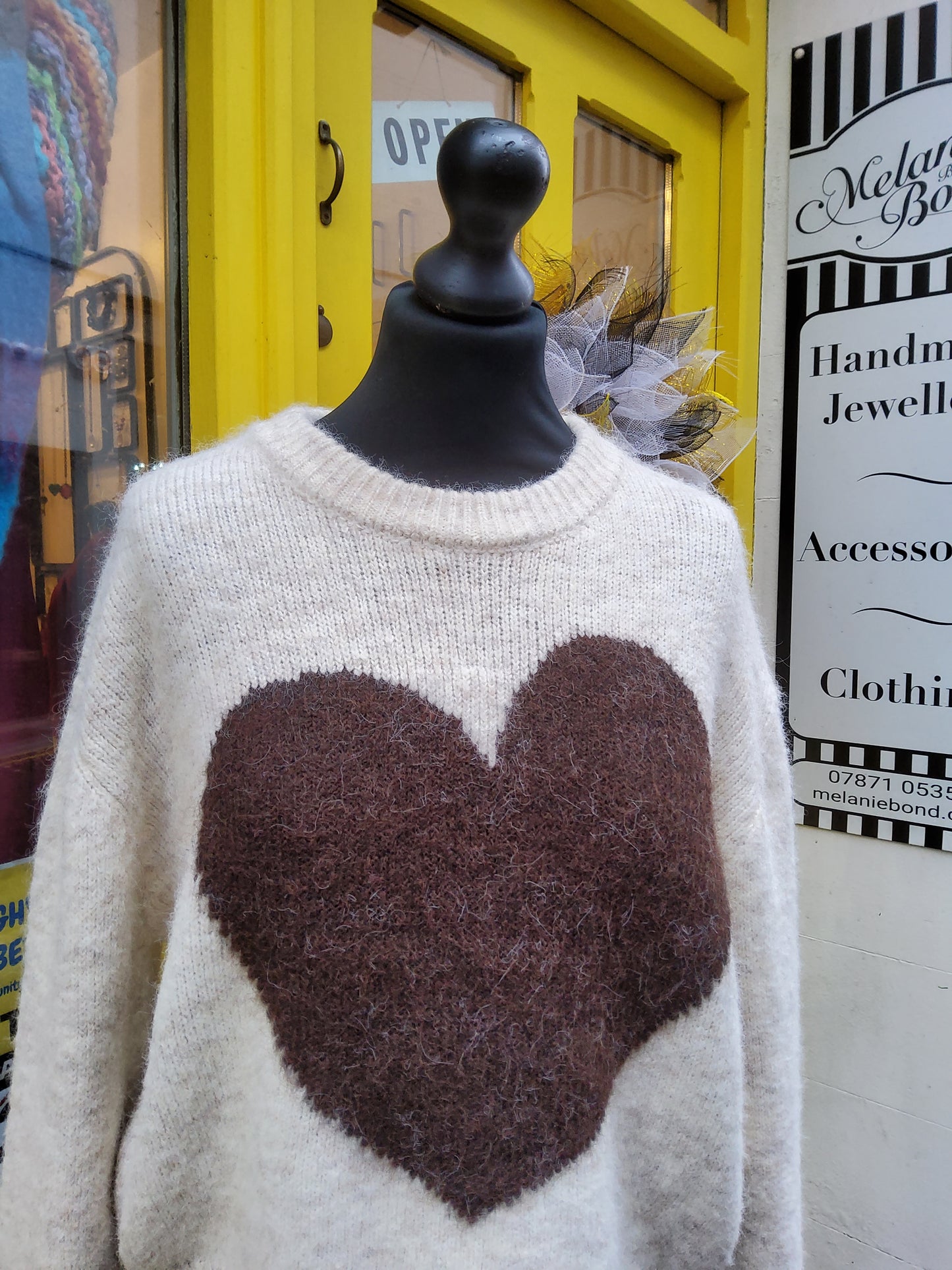 Brown and Cream Heart Crew Neck Jumper