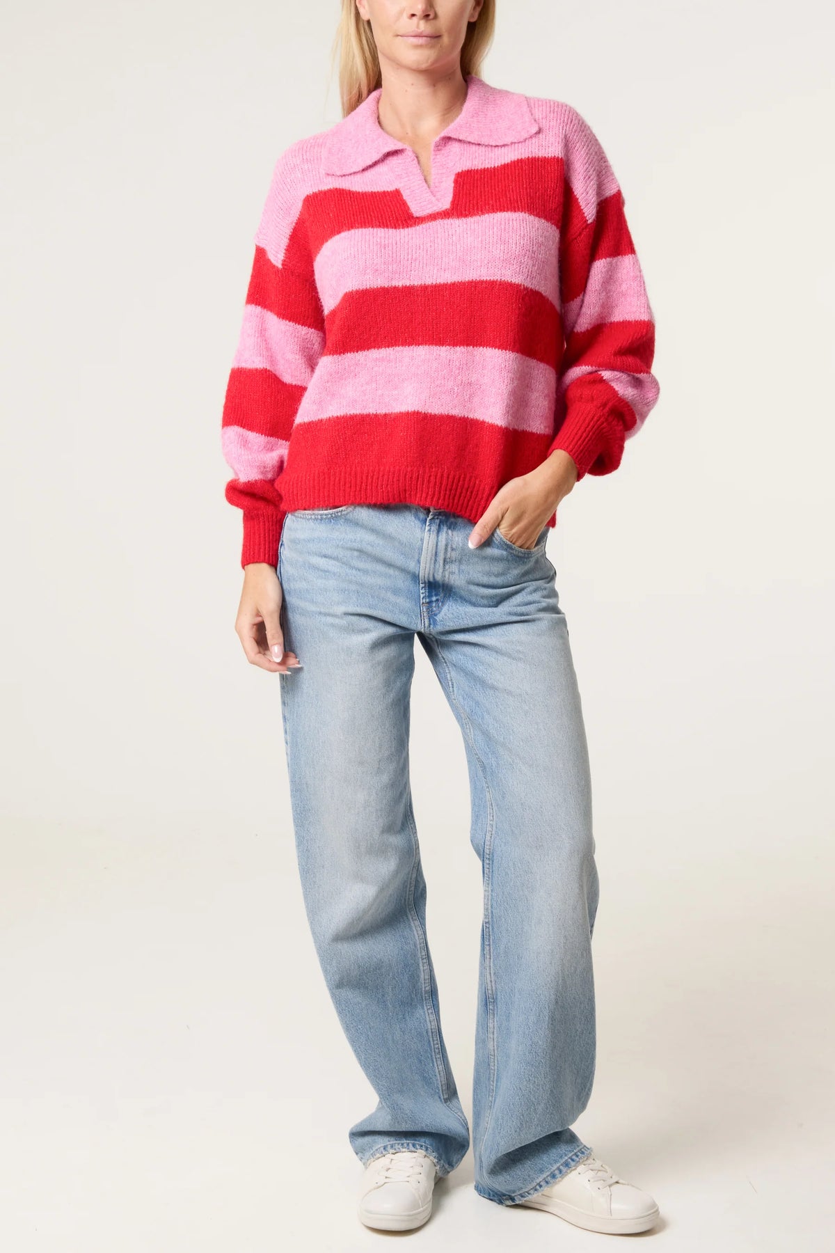 Polo Collar Striped Knit Jumper