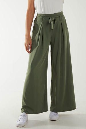 Belted Wide Leg Olive Pleated Trousers